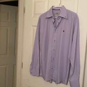 Purple and white button down shirt.
